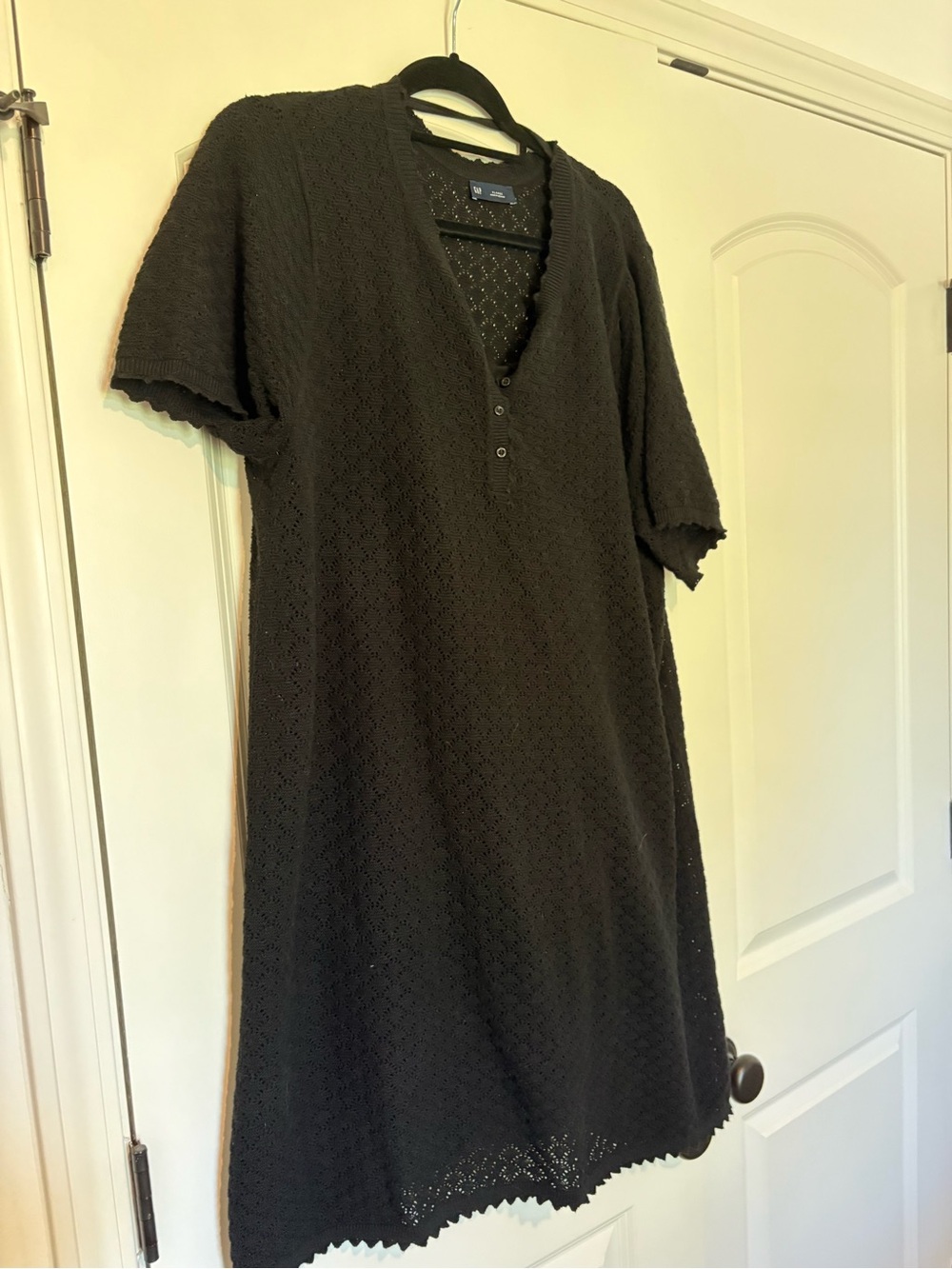 Black Knit Short-Sleeve Button V-Neck Dress